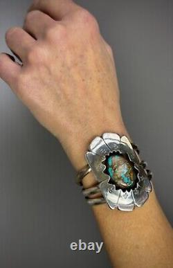 Vintage Navajo Sterling Silver Boulder Turquoise Shadow Box Cuff Bracelet SOLID