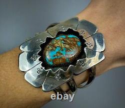 Vintage Navajo Sterling Silver Boulder Turquoise Shadow Box Cuff Bracelet SOLID