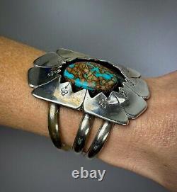 Vintage Navajo Sterling Silver Boulder Turquoise Shadow Box Cuff Bracelet SOLID