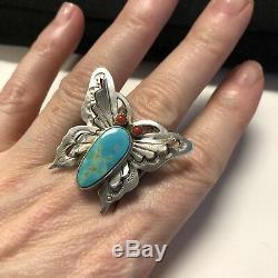 Vintage Navajo Sterling Silver Butterfly Turquoise And Coral Ring Size 6.5
