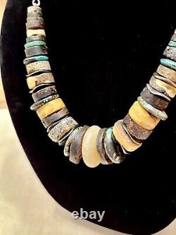 Vintage Navajo Sterling Silver Butterscotch Amber Turquoise Heishi Bead Necklace
