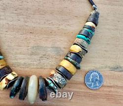Vintage Navajo Sterling Silver Butterscotch Amber Turquoise Heishi Bead Necklace