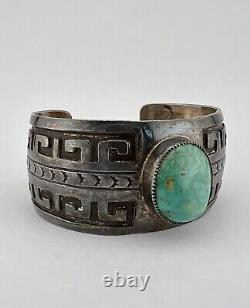 Vintage Navajo Sterling Silver Carico Lake Turquoise Maze Overlay Cuff Bracelet