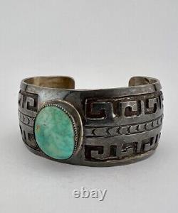 Vintage Navajo Sterling Silver Carico Lake Turquoise Maze Overlay Cuff Bracelet