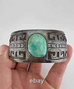 Vintage Navajo Sterling Silver Carico Lake Turquoise Maze Overlay Cuff Bracelet