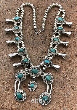 Vintage Navajo Sterling Silver Carico Lake Turquoise Squash Blossom Necklace 23