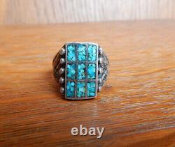 Vintage Navajo Sterling Silver Channel Inlay File Design Turquoise Ring size 9.5