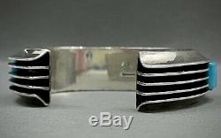 Vintage Navajo Sterling Silver Channel Turquoise Cobblestone Inlay Cuff Bracelet