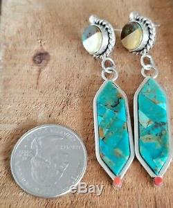 Vintage Navajo Sterling Silver Coral Turquoise Inlay Native American Earrings