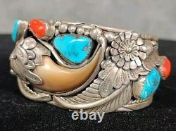 Vintage Navajo Sterling Silver Cuff Bear Claw Turquoise Sterling Silver