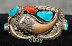 Vintage Navajo Sterling Silver Cuff Bear Claw Turquoise Sterling Silver