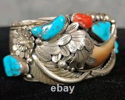 Vintage Navajo Sterling Silver Cuff Bear Claw Turquoise Sterling Silver