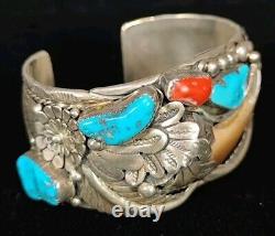 Vintage Navajo Sterling Silver Cuff Bear Claw Turquoise Sterling Silver