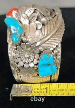 Vintage Navajo Sterling Silver Cuff Bear Claw Turquoise Sterling Silver