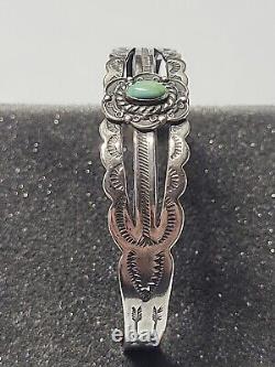 Vintage Navajo Sterling Silver Cuff Bracelet Turquoise Singed Silver Arrow