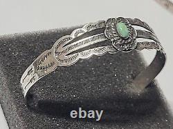 Vintage Navajo Sterling Silver Cuff Bracelet Turquoise Singed Silver Arrow