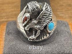 Vintage Navajo Sterling Silver Eagle withTurquoise and Coral Ring Size 13-2353.24