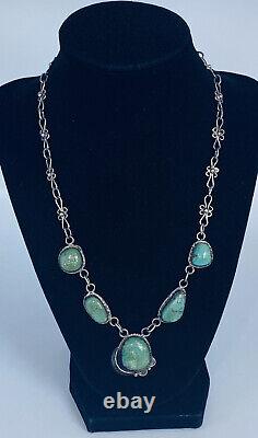 Vintage Navajo Sterling Silver Five Stone Turquoise Link Chain Necklace 19