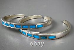 Vintage Navajo Sterling Silver Flush Turquoise Inlay Cuff Bracelet Pair Of 2