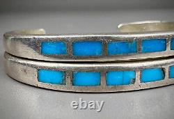 Vintage Navajo Sterling Silver Flush Turquoise Inlay Cuff Bracelet Pair Of 2