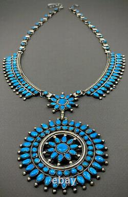 Vintage Navajo Sterling Silver Gem Turquoise Squash Blossom Cluster Necklace