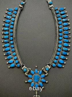 Vintage Navajo Sterling Silver Gem Turquoise Squash Blossom Cluster Necklace