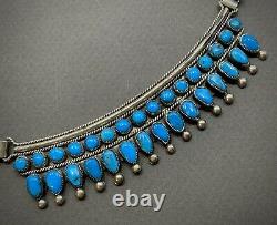 Vintage Navajo Sterling Silver Gem Turquoise Squash Blossom Cluster Necklace