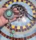 Vintage Navajo Sterling Silver Green Turquoise BOLO TIE Two Feather Large