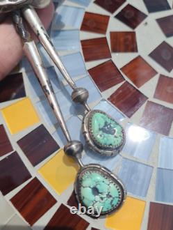 Vintage Navajo Sterling Silver Green Turquoise BOLO TIE Two Feather Large