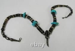 Vintage Navajo Sterling Silver Heishi Bead Turquoise 17 Necklace with Bear Claw