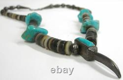 Vintage Navajo Sterling Silver Heishi Bead Turquoise 17 Necklace with Bear Claw