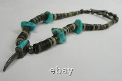 Vintage Navajo Sterling Silver Heishi Bead Turquoise 17 Necklace with Bear Claw