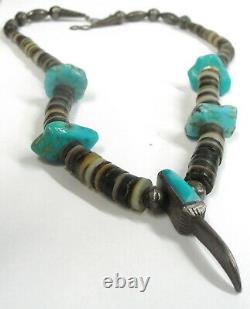 Vintage Navajo Sterling Silver Heishi Bead Turquoise 17 Necklace with Bear Claw