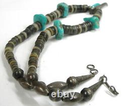 Vintage Navajo Sterling Silver Heishi Bead Turquoise 17 Necklace with Bear Claw