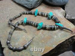 Vintage Navajo Sterling Silver Heishi Bead Turquoise 17 Necklace with Bear Claw