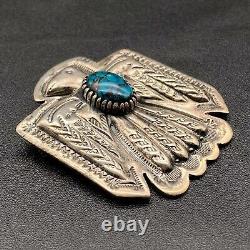 Vintage Navajo Sterling Silver James Rogers Turquoise Thunderbird Stamped Brooch
