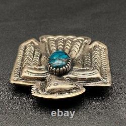 Vintage Navajo Sterling Silver James Rogers Turquoise Thunderbird Stamped Brooch
