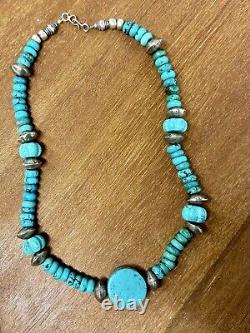 Vintage Navajo Sterling Silver Kingman Turquoise Heishi Bead Necklace