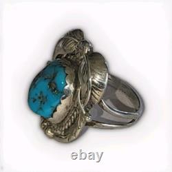 Vintage Navajo Sterling Silver Kingman Turquoise Ring Size 7.75, Signed DL