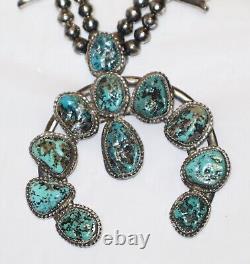 Vintage Navajo Sterling Silver Kingman Turquoise Squash Blossom Necklace 126g