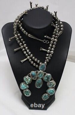 Vintage Navajo Sterling Silver Kingman Turquoise Squash Blossom Necklace 126g