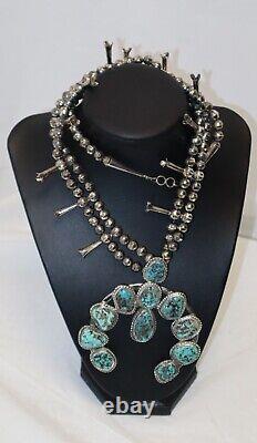 Vintage Navajo Sterling Silver Kingman Turquoise Squash Blossom Necklace 126g