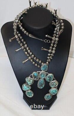 Vintage Navajo Sterling Silver Kingman Turquoise Squash Blossom Necklace 126g