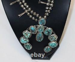 Vintage Navajo Sterling Silver Kingman Turquoise Squash Blossom Necklace 126g