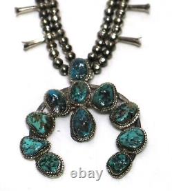 Vintage Navajo Sterling Silver Kingman Turquoise Squash Blossom Necklace 126g