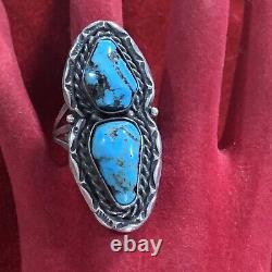 Vintage Navajo Sterling Silver & Lone Mountain Turquoise Long Finger Ring Size 7