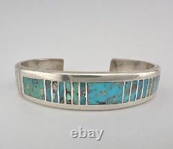 Vintage Navajo Sterling Silver Morenci Turquoise Flush Inlay Cuff Bracelet 36.3g