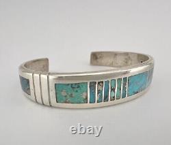 Vintage Navajo Sterling Silver Morenci Turquoise Flush Inlay Cuff Bracelet 36.3g