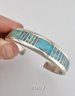 Vintage Navajo Sterling Silver Morenci Turquoise Flush Inlay Cuff Bracelet 36.3g