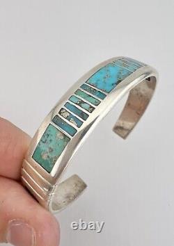 Vintage Navajo Sterling Silver Morenci Turquoise Flush Inlay Cuff Bracelet 36.3g